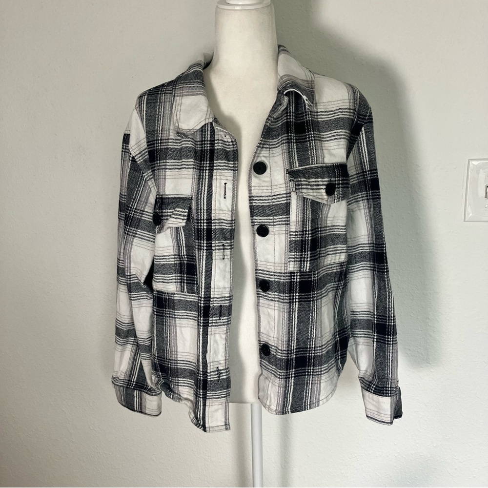 Sactuary Button Down Flannel Shirt Jacket Black White Plaid Large